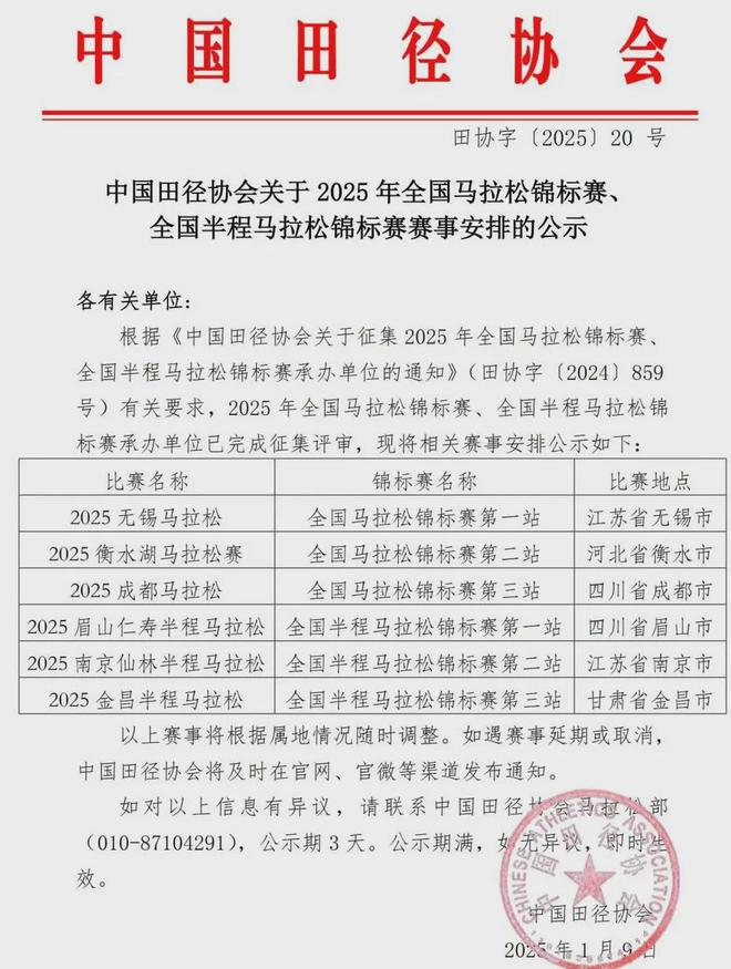 公布！2025全国马拉松锦标赛！共6场！(图1)